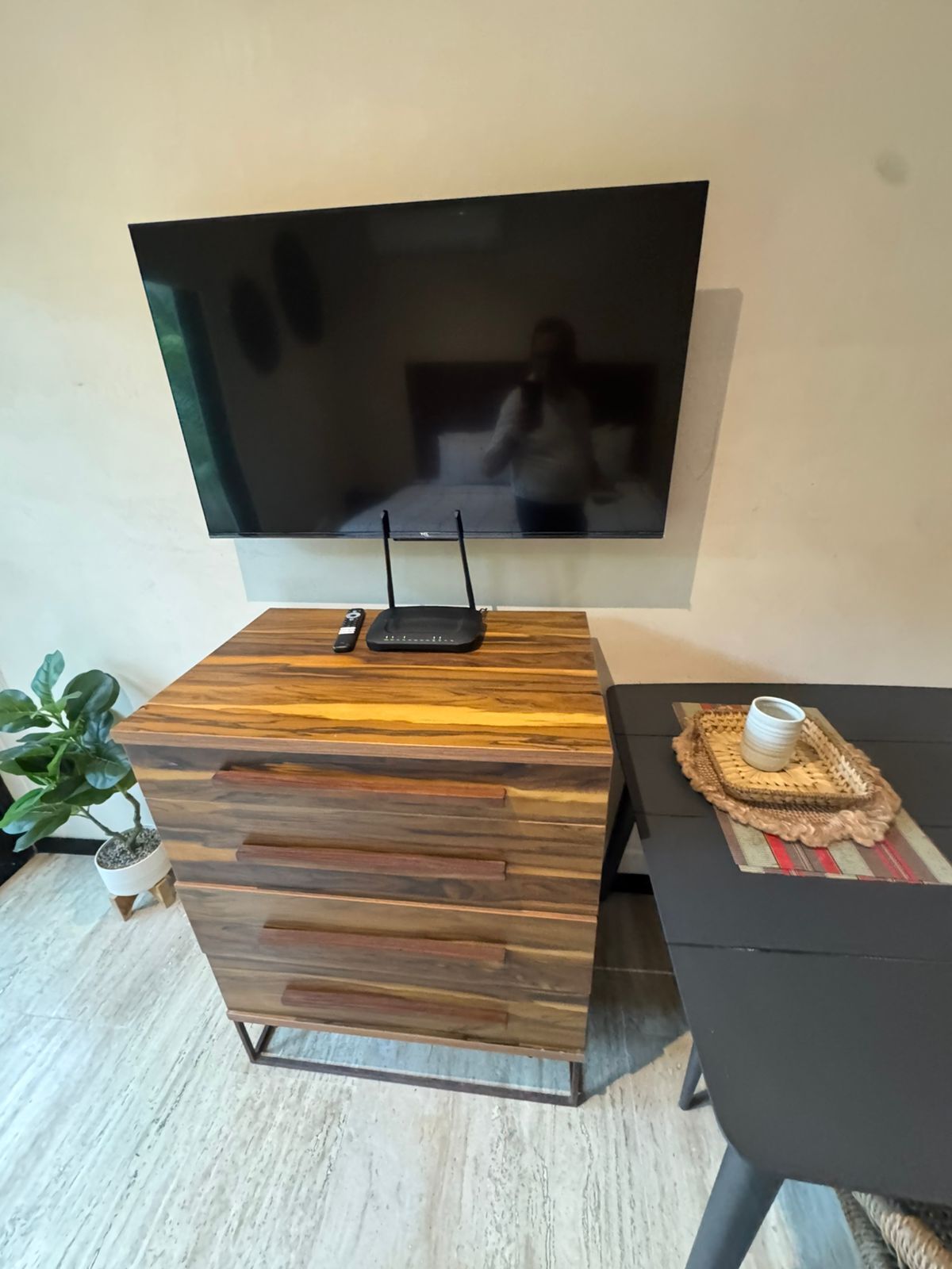 A modern living room with a flat-screen TV mounted on the wall, a wooden coffee table, a potted plant, and a small table with a cup.