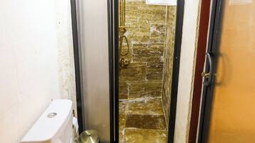 Un baño con inodoro, cabina de ducha y puerta de vidrio.