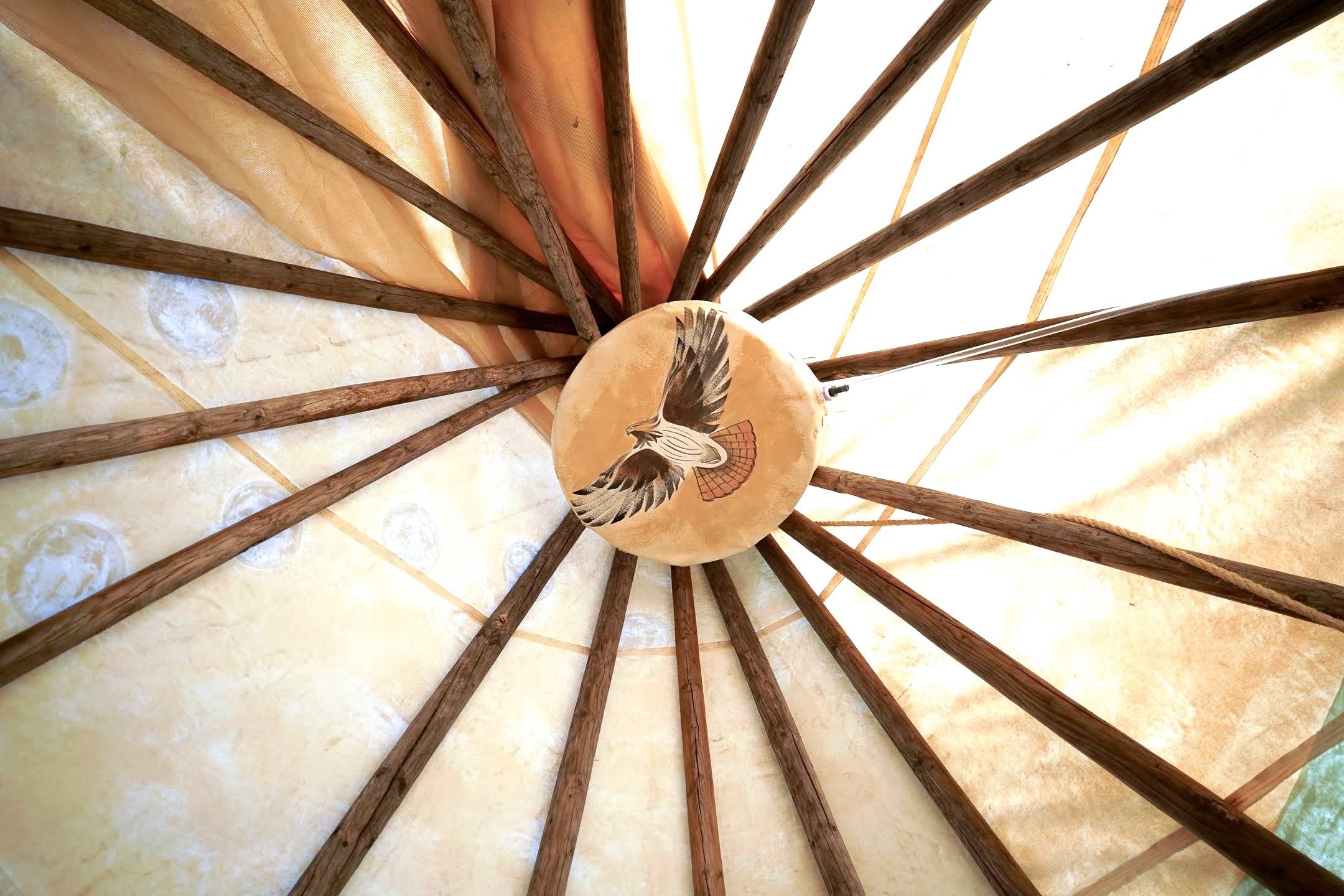 A ceiling with a wooden beam structure and a central circular element with a bird design.