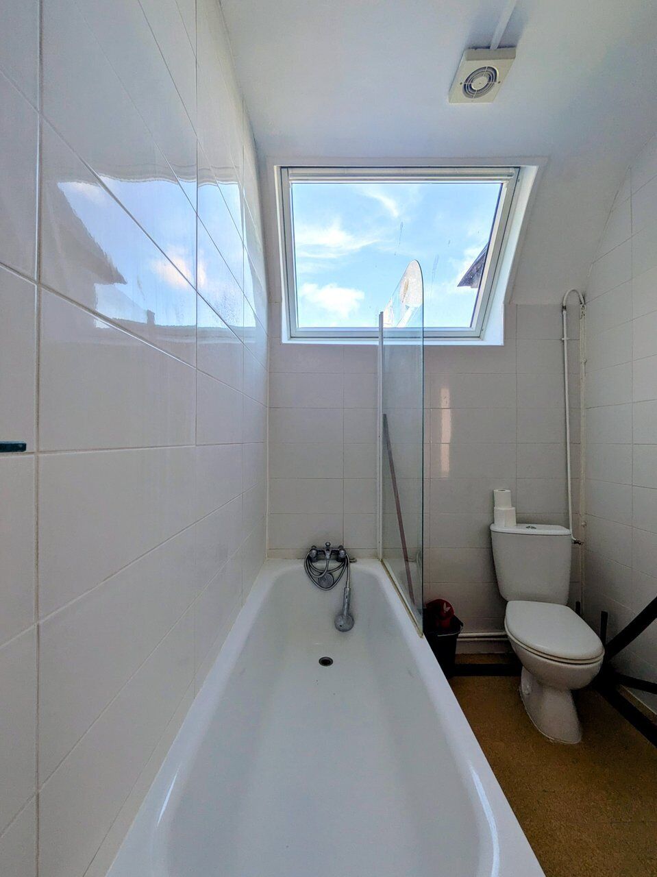 Ein Badezimmer mit Oberlicht, Badewanne, Toilette und Dusche.