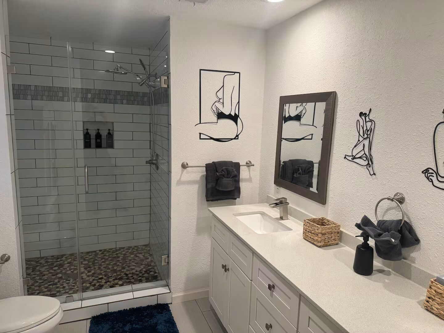 Hair dryer, towels, soap, toilet paper