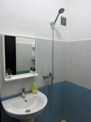 Een douche, handdoeken, zeep, toiletpapier