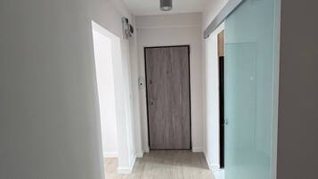 Un couloir avec une porte en bois, une porte en verre et un luminaire au plafond.