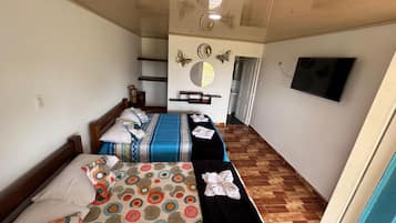 Een hotelkamer met een bed, een tweede bed, een televisie, een spiegel en een houten plafond.