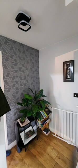 A room with a geometric patterned wallpaper, a potted plant, a bookshelf, and a framed picture on the wall. - Spacious 2 bedroom maisonette (Broughton)