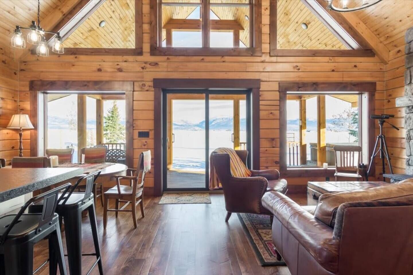 TV, fireplace, books, computer monitors