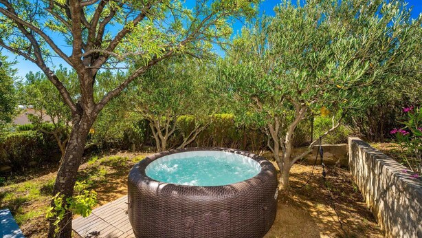 Uma banheira de hidromassagem em um jardim com árvores e um deck de madeira.