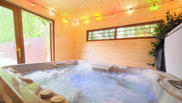 A hot tub with water jets, wooden walls, a window, and a plant.
