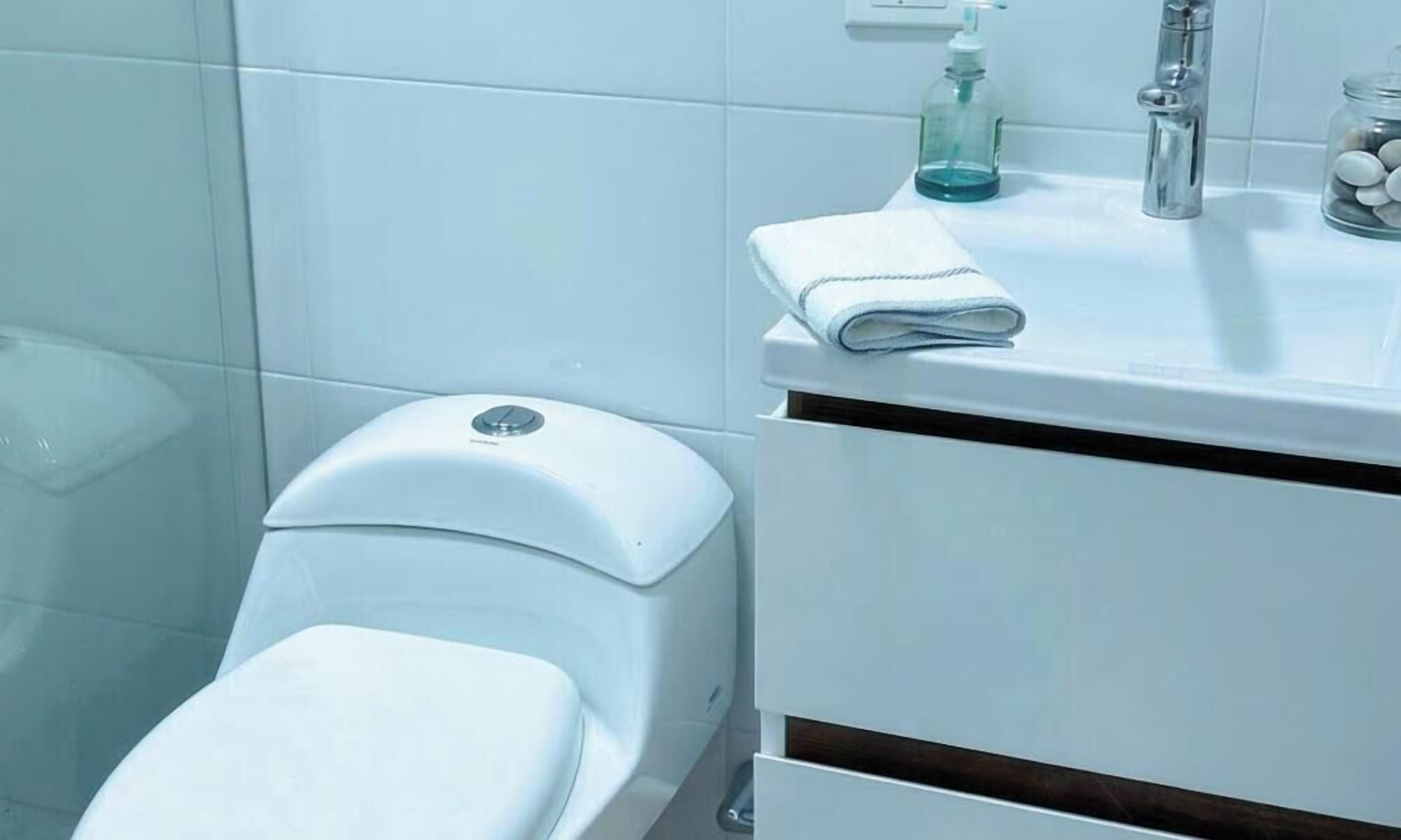 Departamento exclusivo, vista a la ciudad | Baño | Toallas, jabón, papel de baño 