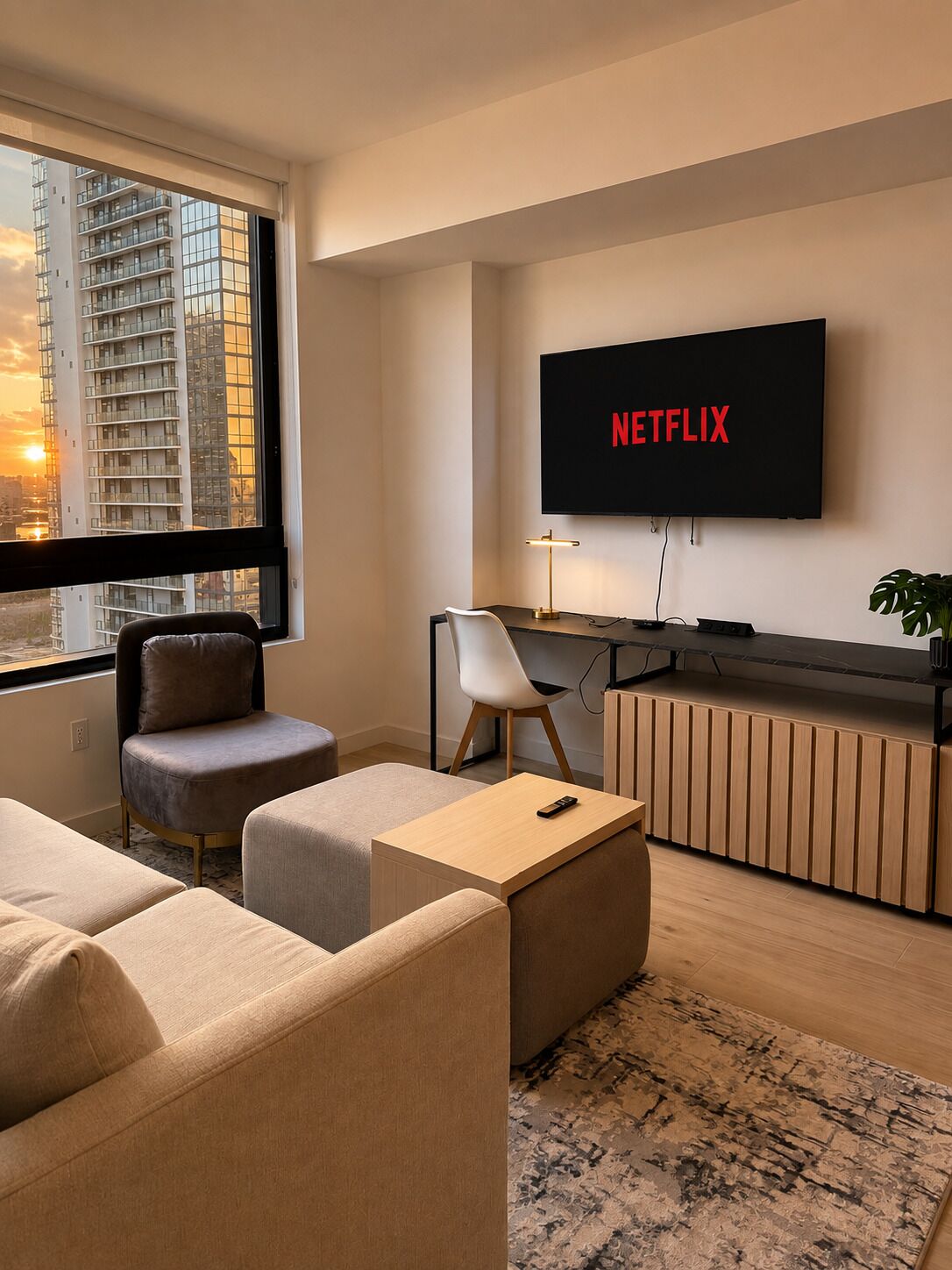 Uma sala de estar moderna com uma janela ampla, uma televisão de tela plana na parede, um sofá, uma poltrona, uma mesa de centro e uma pequena planta.