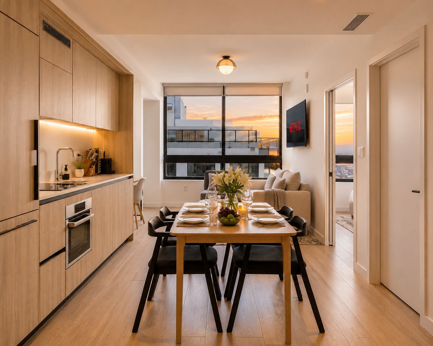 Una cocina moderna con electrodomésticos integrados, una zona de comedor con una mesa dispuesta para dos personas y un amplio ventanal con vistas a la ciudad.
