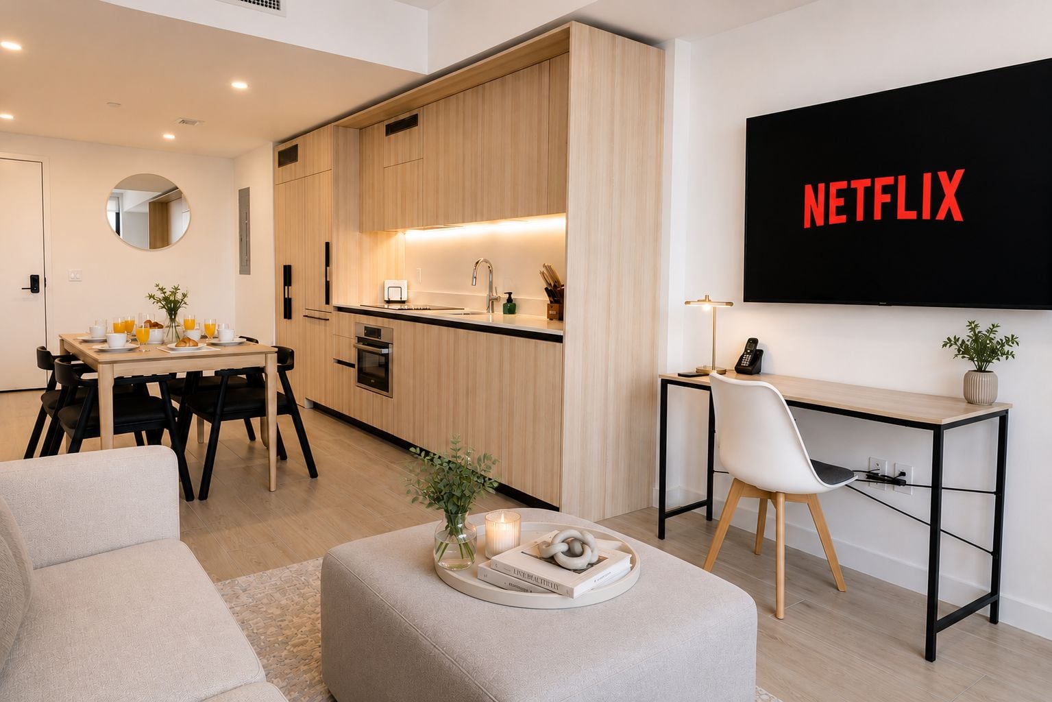 Ein modernes Wohnzimmer mit Essbereich, Küchenzeile und einem an der Wand befestigten Fernseher, der 'NETFLIX' anzeigt.