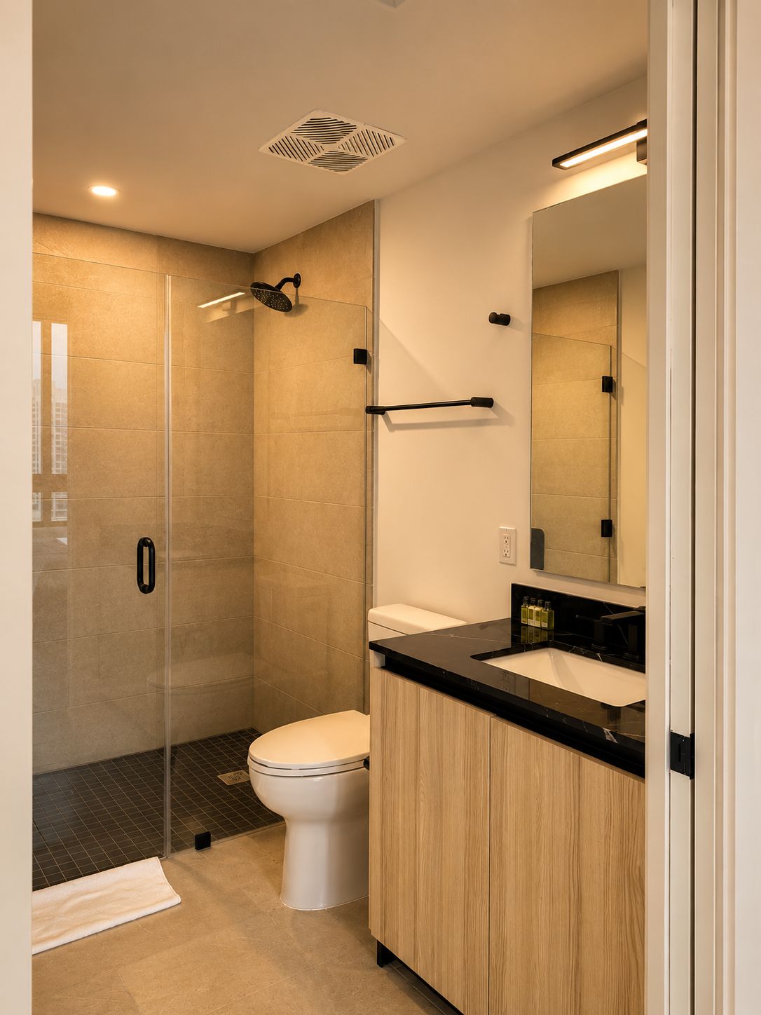 Een moderne badkamer met een douche met glazen wand, een toilet en een wastafel met spiegel.