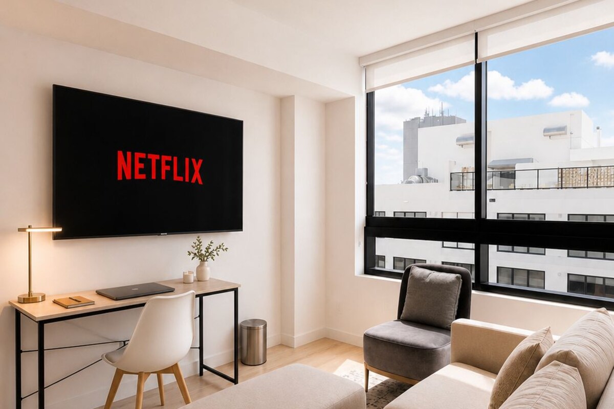 A modern living room with a large window, a flat-screen TV, a desk, and a sofa.