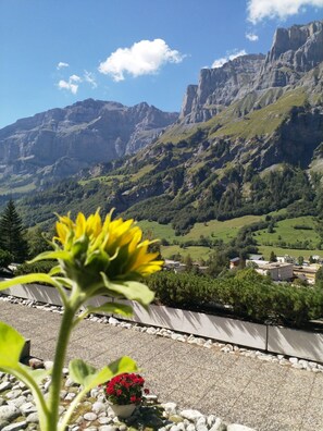 Un paysage de montagne avec une fleur au premier plan.