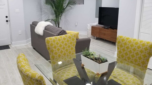 A modern living room with a sofa, two patterned chairs, a glass coffee table with a plant, a TV on a wooden cabinet, and a potted plant. - Private DC Apartment - 1BR - Walk to Metro - Explore Washington DC (Washington)