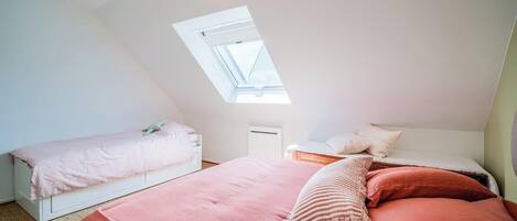 A bedroom with a skylight, two beds, and a small bedside table.