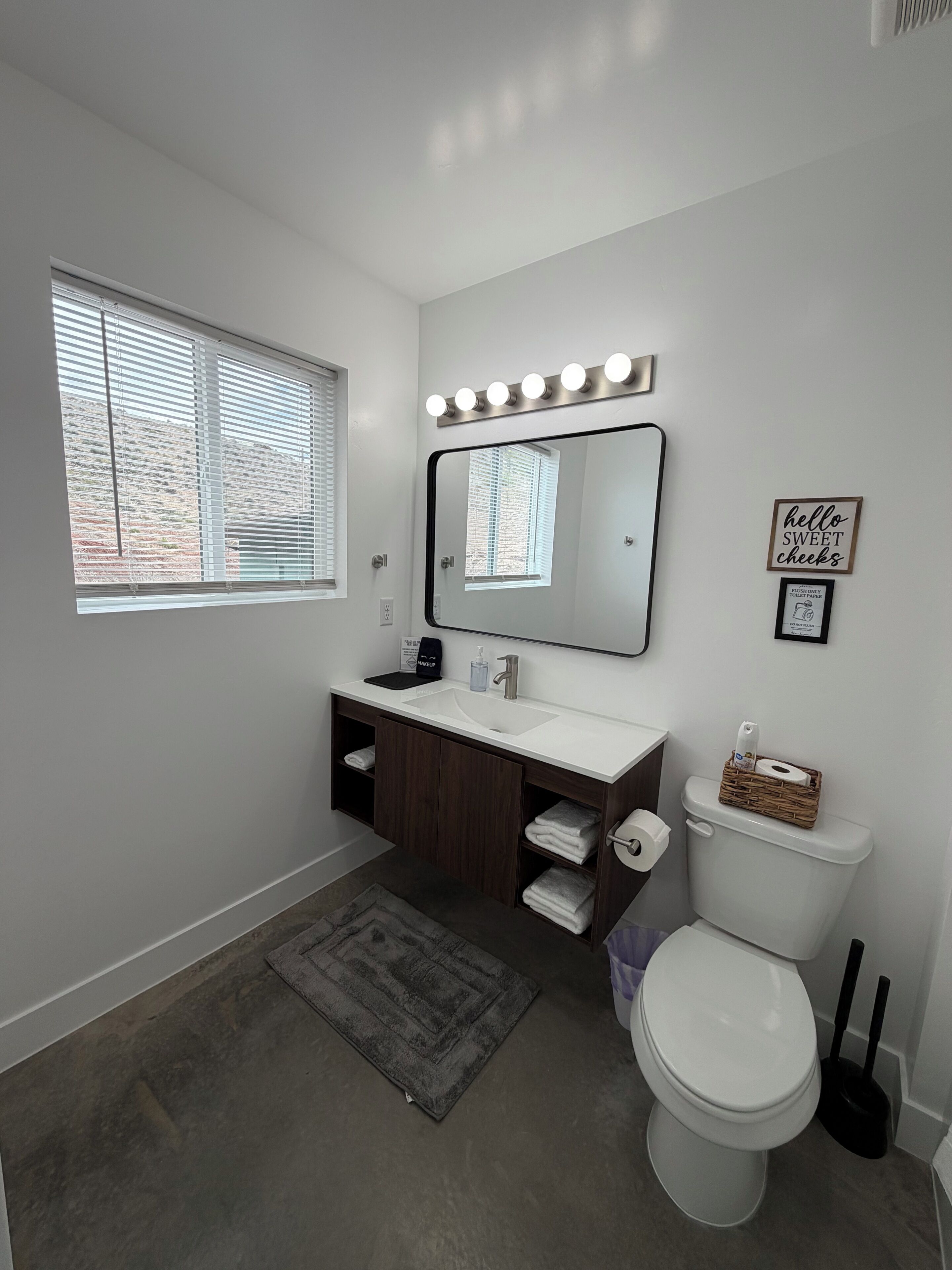 Hair dryer, towels, soap, toilet paper