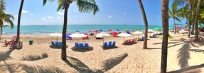 A beach with palm trees, umbrellas, and beach chairs. - Vacanze - Monteverdi (Maceió)