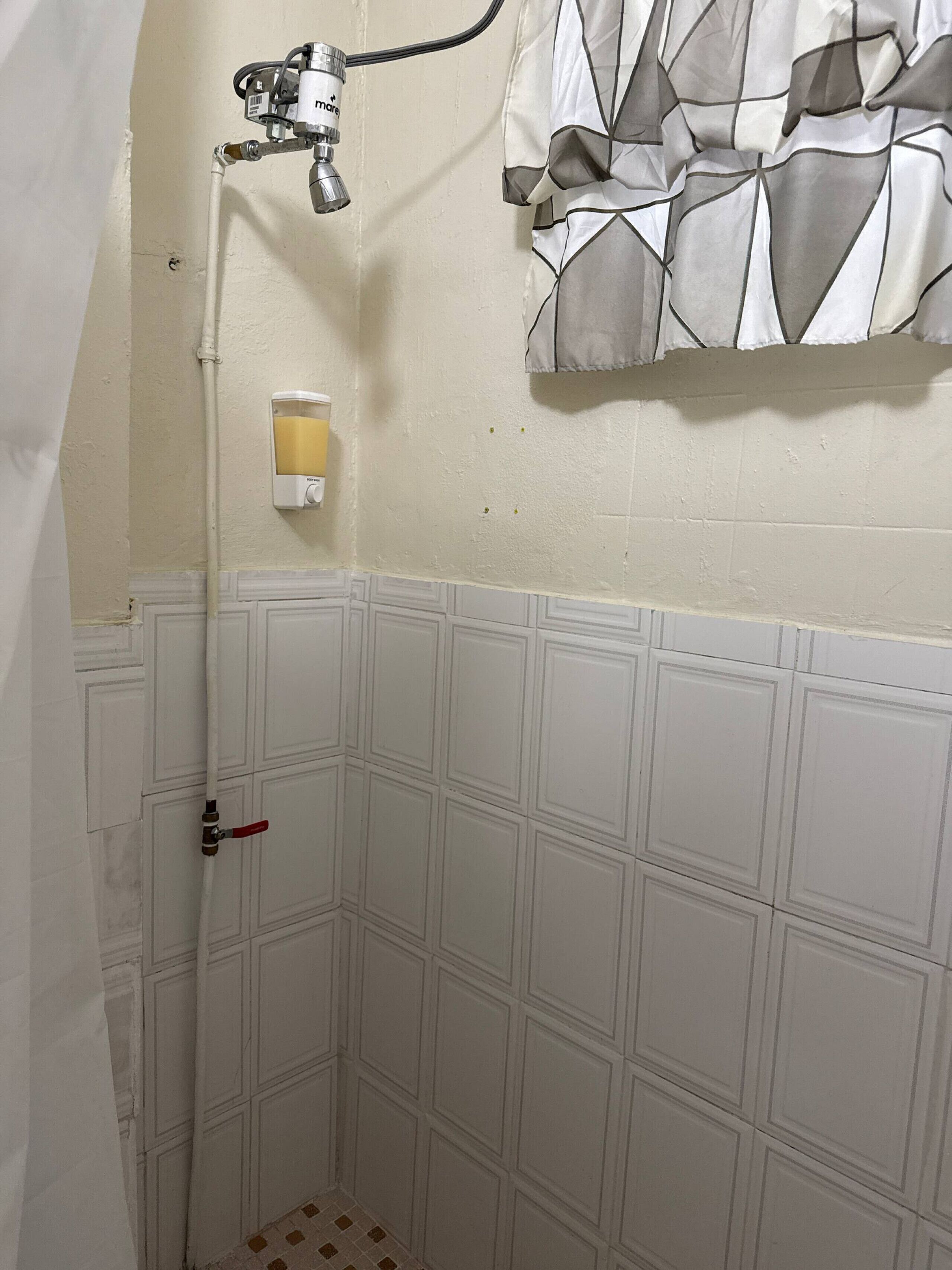 Shower, hair dryer, soap, shampoo