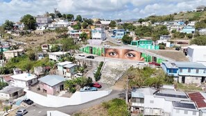 Vue aérienne d’un quartier résidentiel avec des maisons, des rues et un grand espace vert.