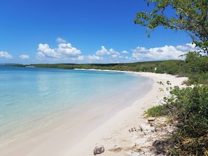 Una playa con aguas turquesas cristalinas, orilla de arena y vegetación verde.