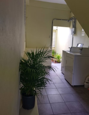 Un pasillo estrecho con una planta en maceta, un armario blanco y un suelo de baldosas.