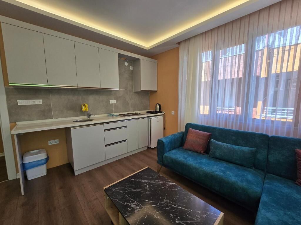 Un espacio habitable compacto con kitchenette, un sofá y una mesa de centro.