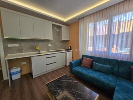 Un espacio habitable compacto con kitchenette, un sofá y una mesa de centro.