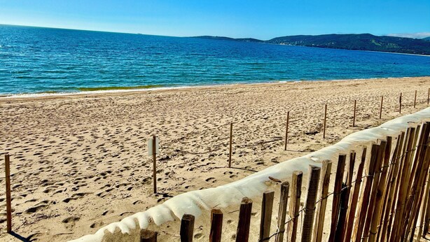 Ein Sandstrand mit einer Holzlattenzaun und einem wolkenlosen, blauen Himmel.