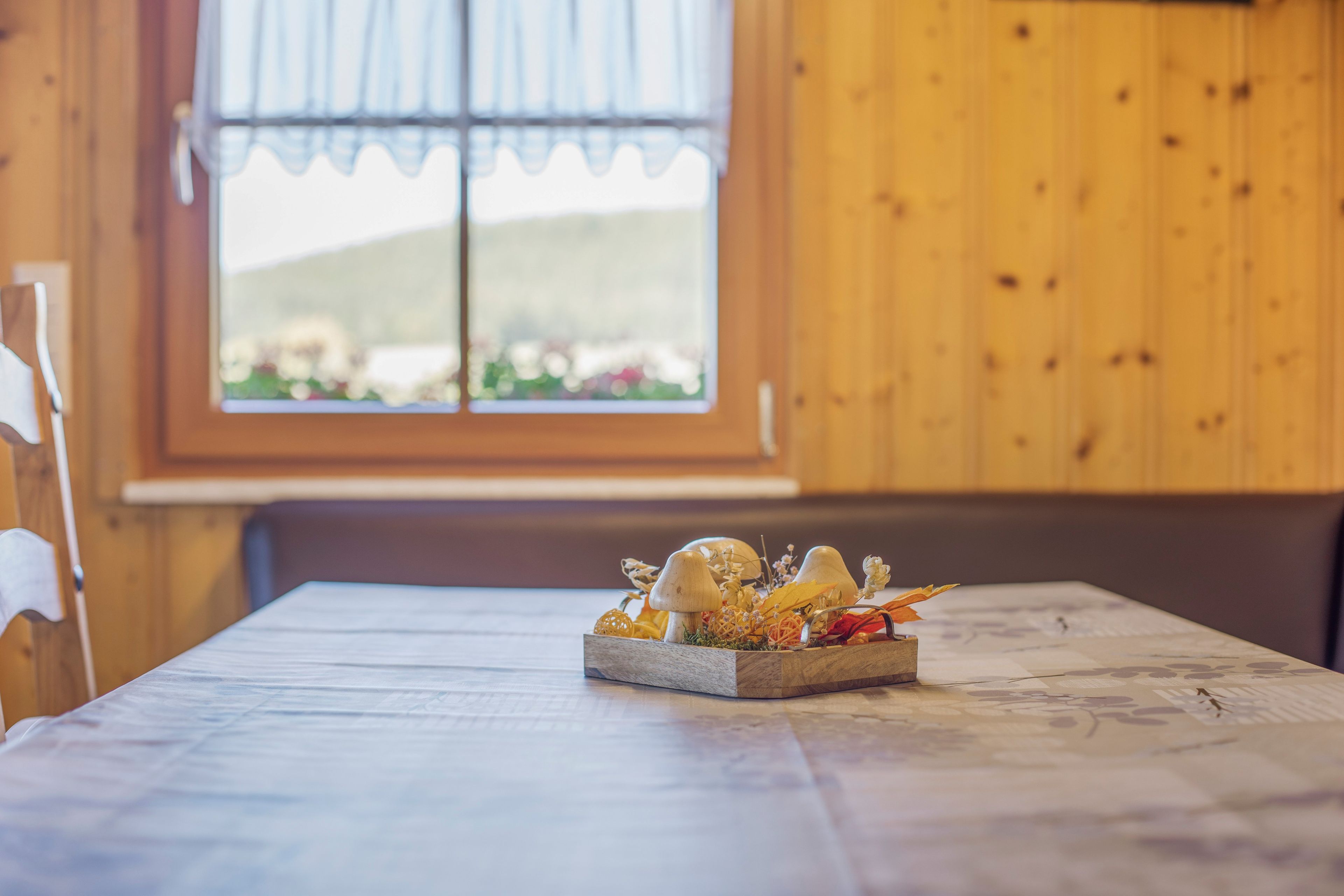 Interior de madeira com uma mesa posta para refeições, uma janela com vista para o verde e um banco de madeira.