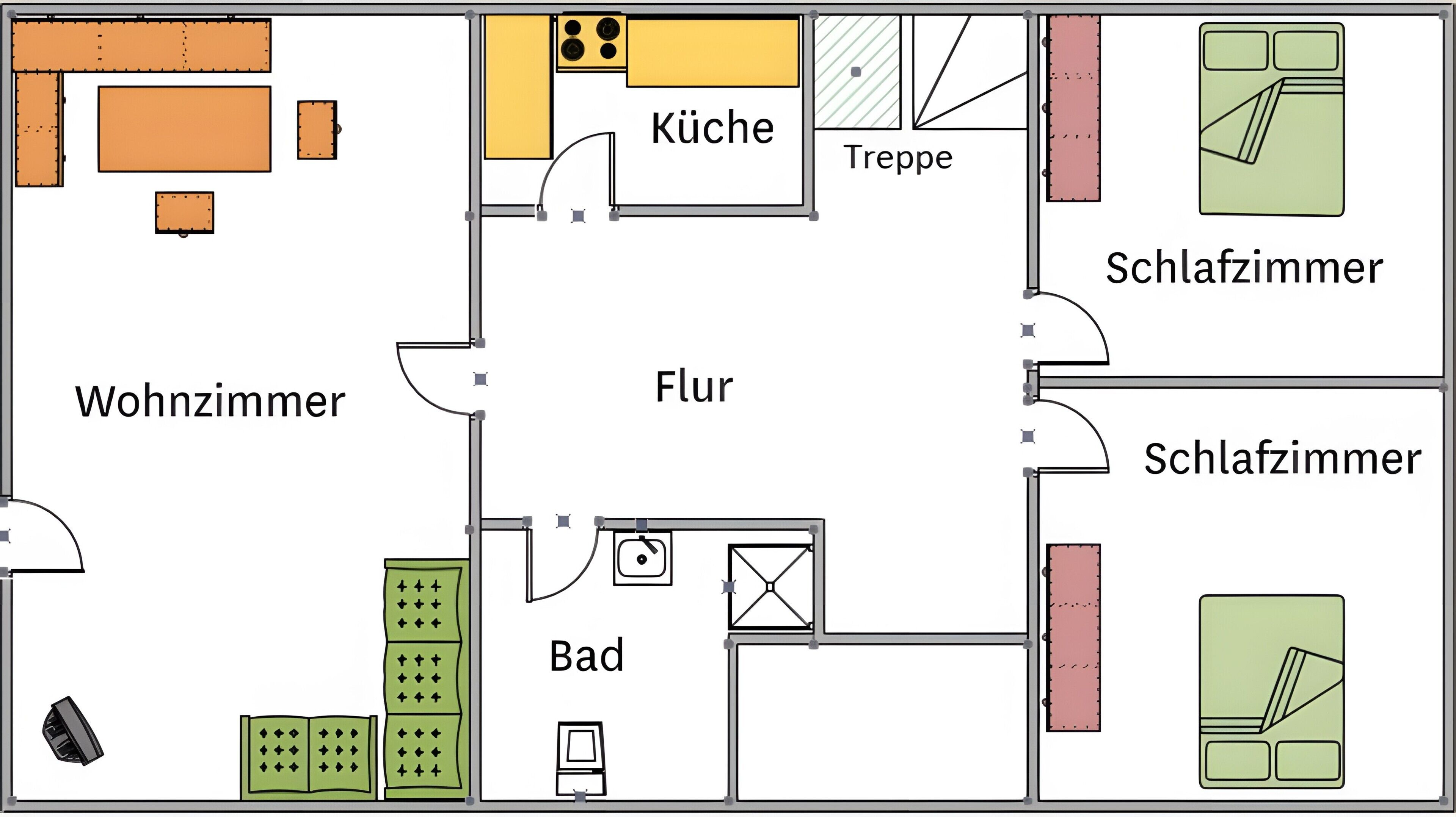 Pianta di un hotel che include un soggiorno, una cucina, una sala da pranzo, due camere da letto, un bagno e una stanza di deposito.