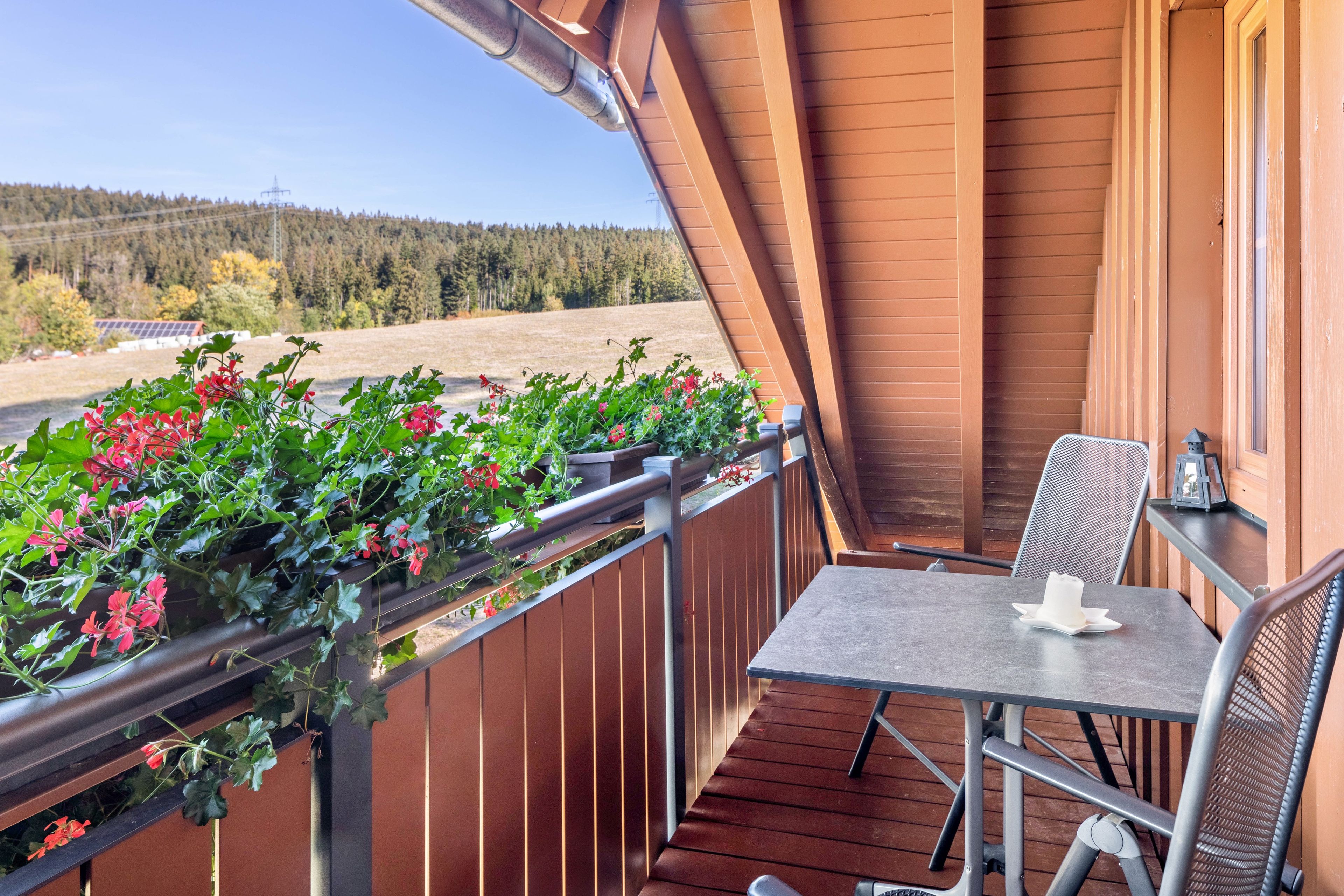 Een balkon met een tafel en stoelen, een bloempot met rode bloemen en uitzicht op een bebost gebied.