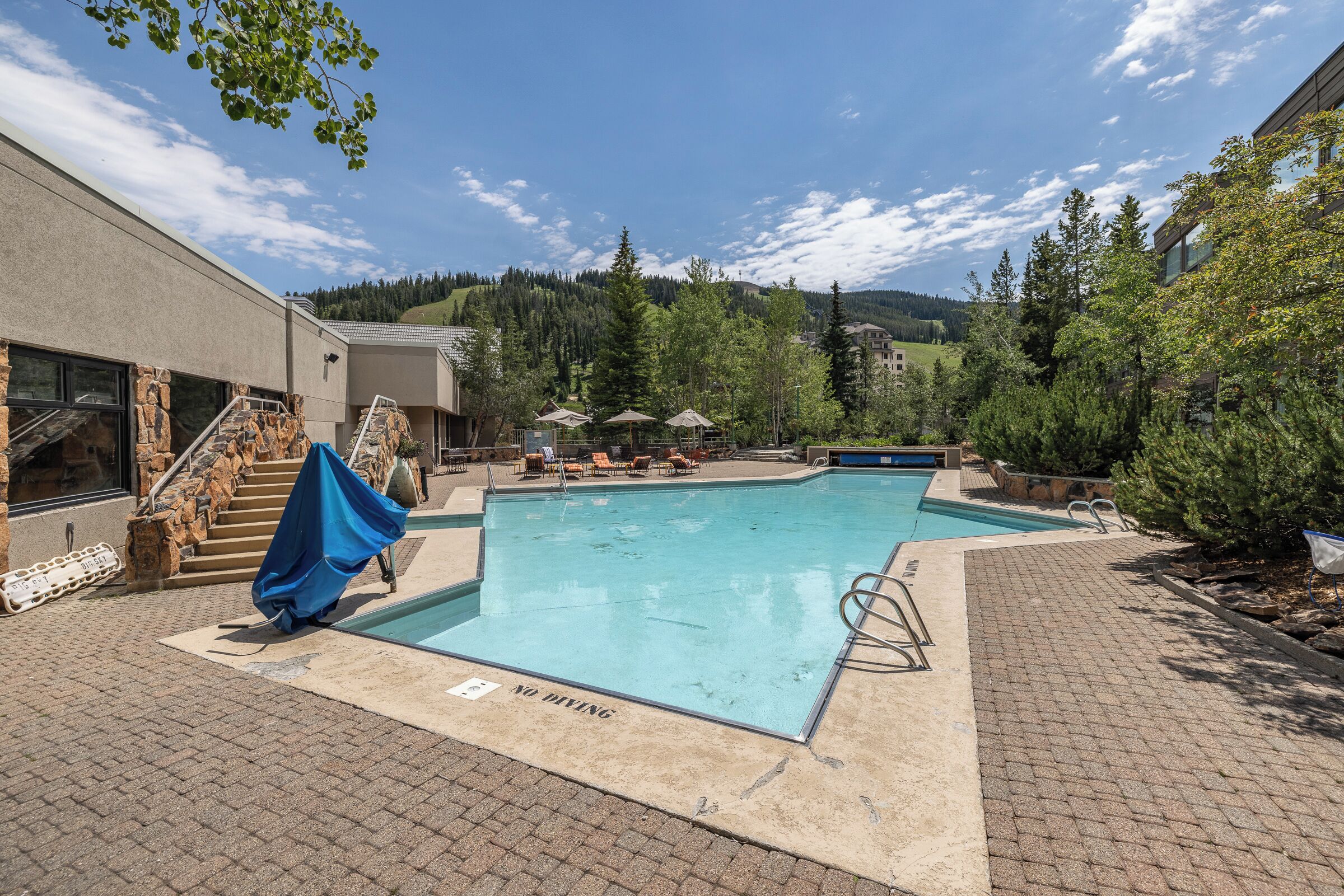 A swimming pool with a 'NO DIVING' sign, stone steps, and a view of trees and hills.