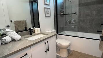 Hair dryer, towels, soap, shampoo