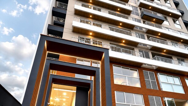A modern building with a glass entrance, multiple balconies, and a clear sky. - Brand-new apartment in the heart of Lima + fully furnished (Jesús María)