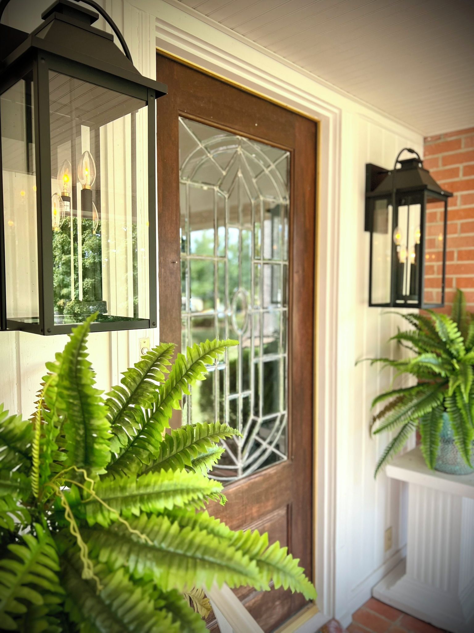 Una puerta con un panel de vidrio, un farol y una planta en maceta.