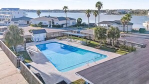 Une piscine avec vue sur l’eau, entourée de bâtiments et de palmiers.