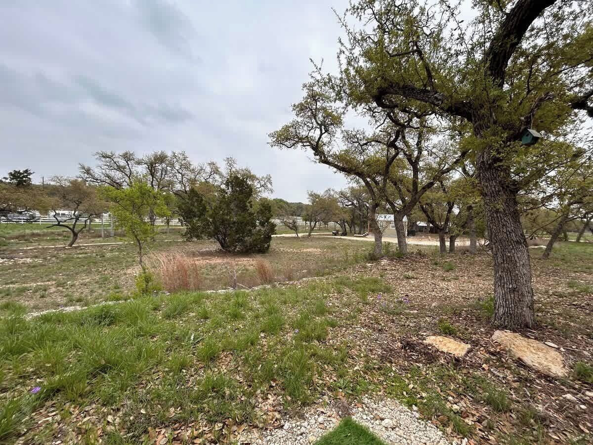 Un parque con árboles, césped y un sendero de grava.