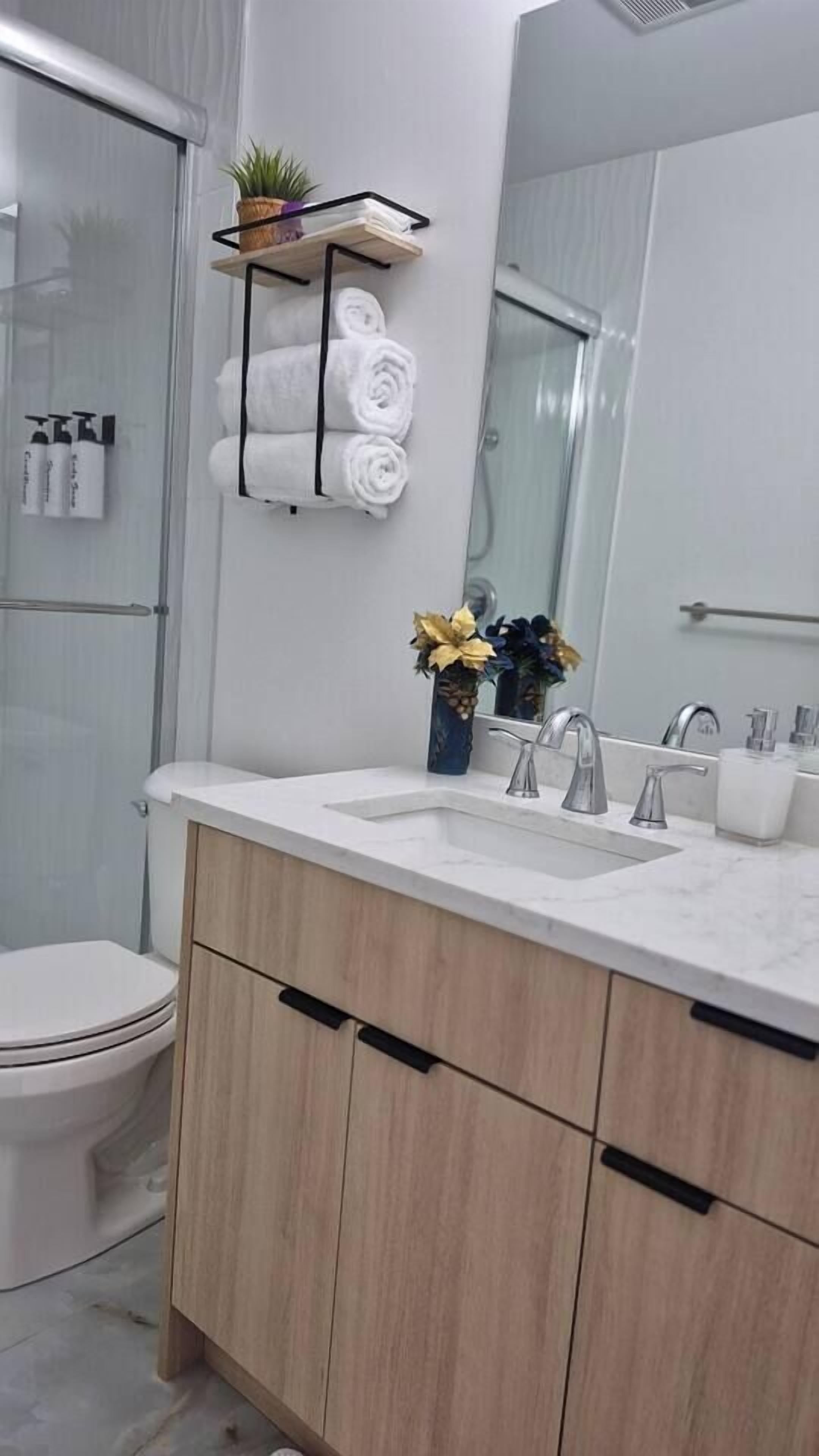 A bathroom with a white sink, two faucets, a mirror, a towel rack with rolled towels, a small plant, and a toilet.