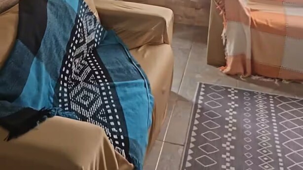 Ein Zimmer mit einer Couch, einem Teppich mit Muster, einer Tür und einem Fenster mit Vorhängen.