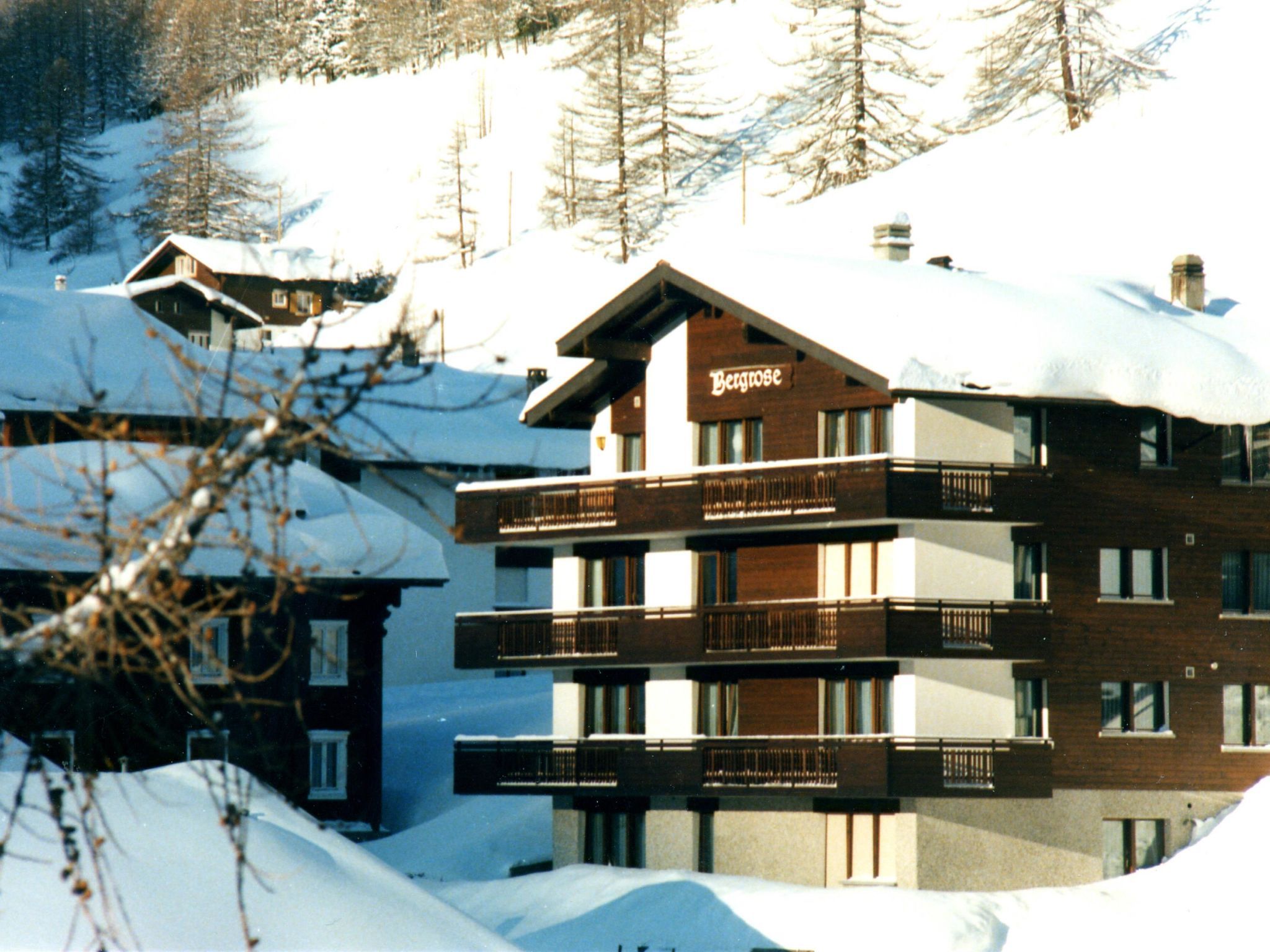 A multi-story building with a sign 'Bergrose' on the facade, surrounded by snow-covered trees.
