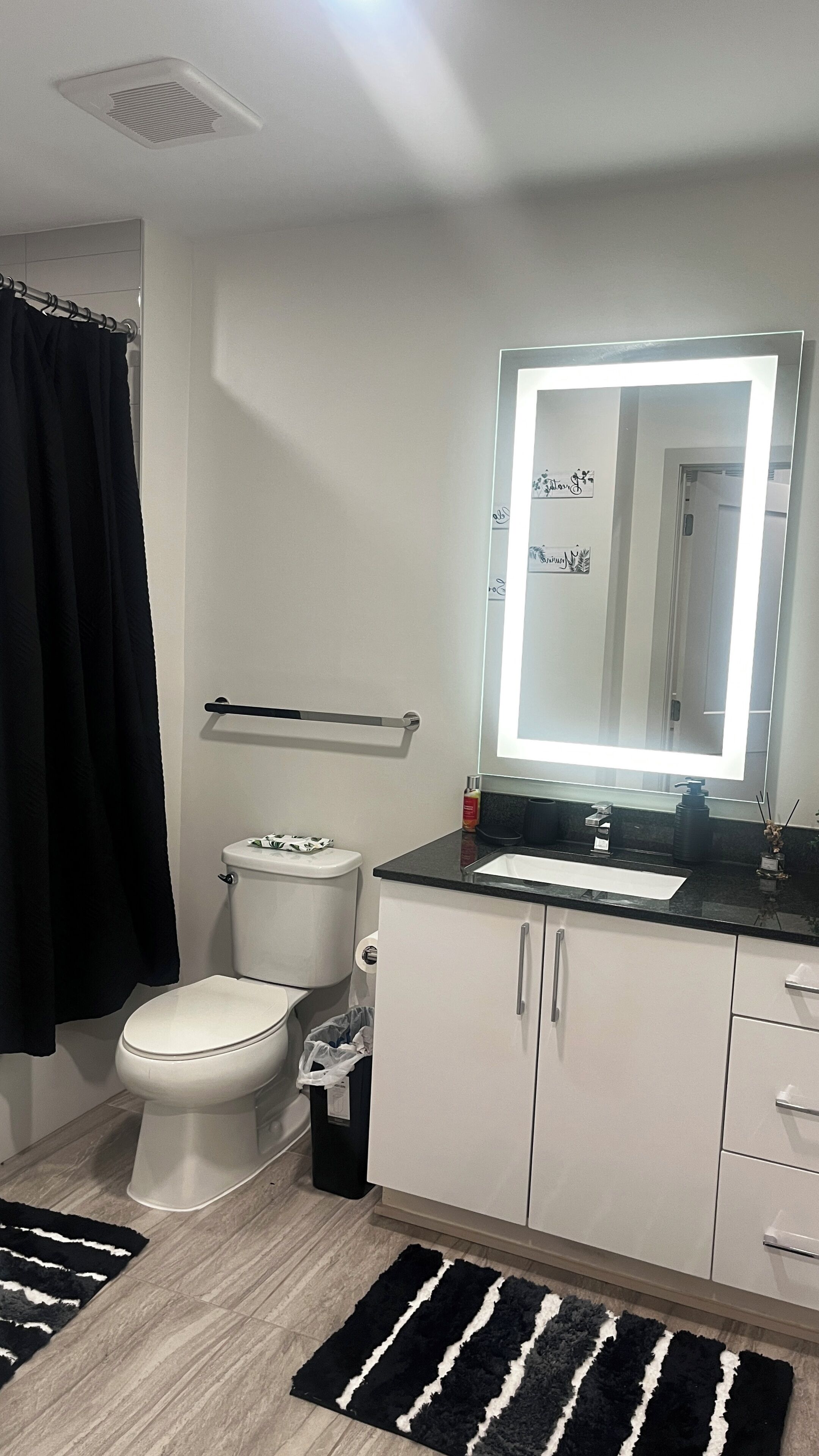 Een badkamer met toilet, wastafel, spiegel en een zwart-wit streep tapijt.