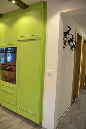 Une pièce avec une armoire verte, une porte en bois et un interrupteur fixé au mur.
