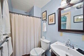 Une salle de bain avec un rideau de douche, des toilettes, un lavabo et des tableaux encadrés au mur.