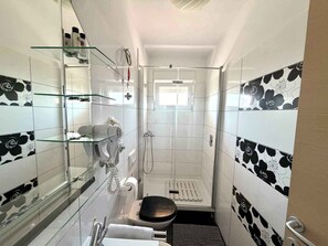 Ein schmales Badezimmer mit Duschkabine aus Glas, Toilette und Waschbecken mit einer Glasablage darüber.