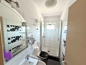Een kleine badkamer met een douchecabine van glas, een witte wastafel, een toilet en een spiegel met zwarte bloementegels.