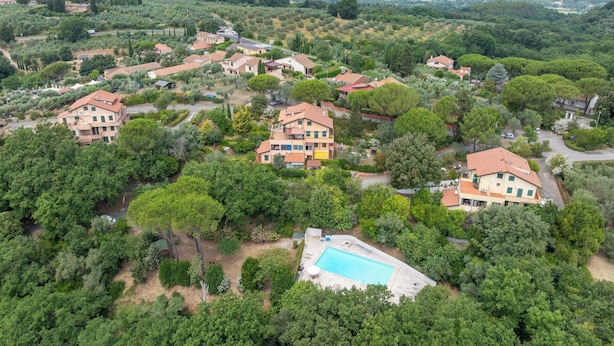 Zona residencial con casas rodeadas de vegetación y una piscina.