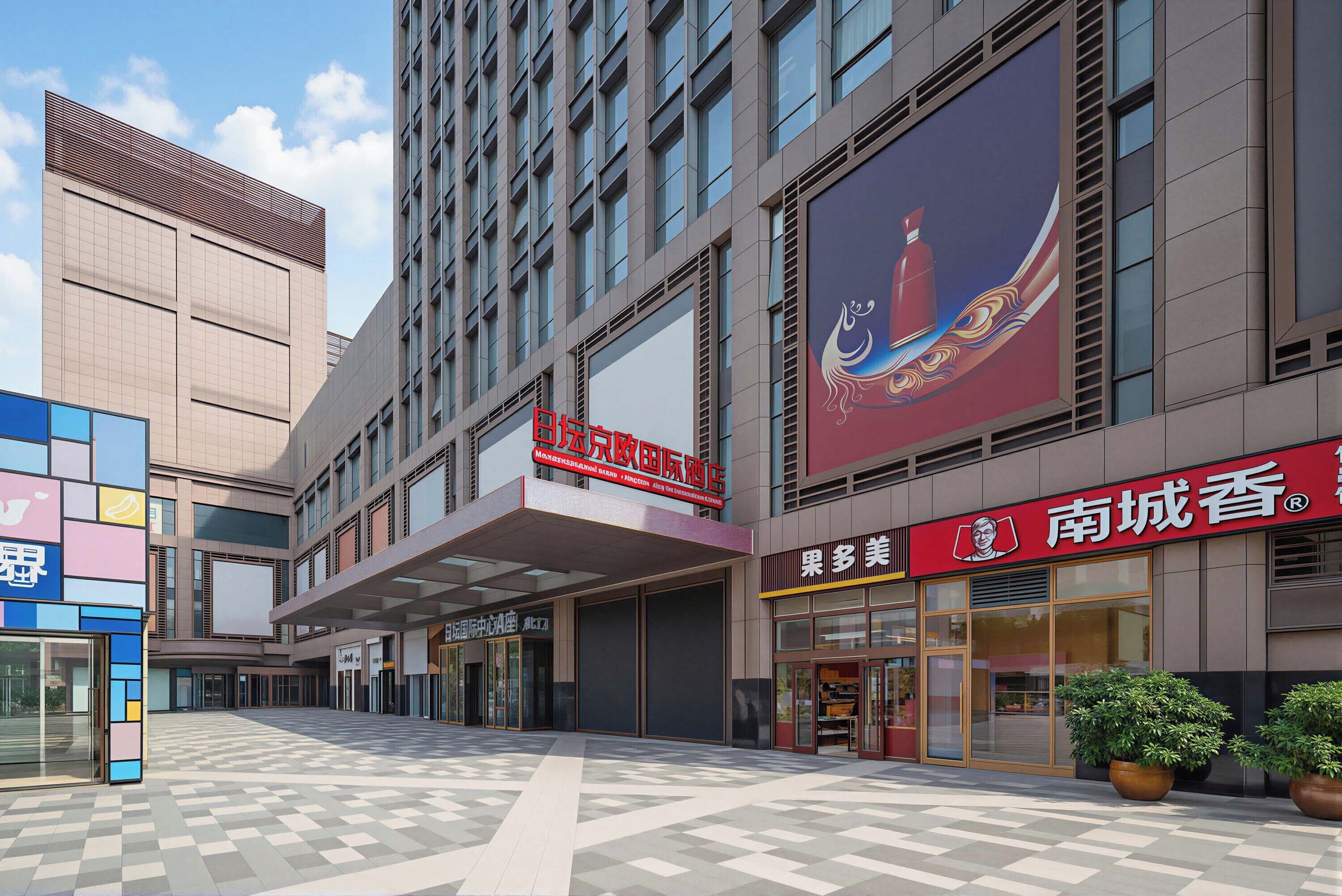 A modern building with a large sign for a restaurant, a spacious entrance area, and a checkered floor.