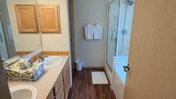 Hair dryer, towels, soap, shampoo